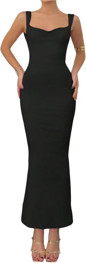 Milumia Women's Open Back Bowknot Bodycon Dress Sexy Cowl Neck Sleeveless Long Dresses