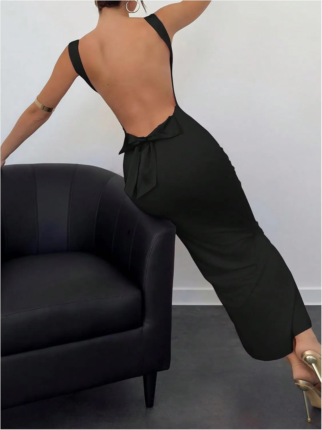 Milumia Women's Open Back Bowknot Bodycon Dress Sexy Cowl Neck Sleeveless Long Dresses