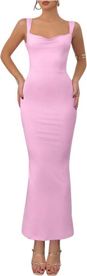 Milumia Women's Open Back Bowknot Bodycon Dress Sexy Cowl Neck Sleeveless Long Dresses