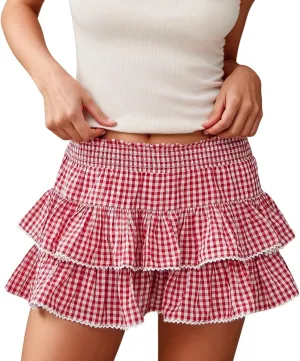 Mini Skirt for Women Trendy 2025 Summer High Elastic Waist Striped Double Ruffles Pleated Fairy Mini Skirts Underskirt