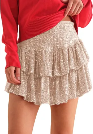 Mini Skirts for Women Trendy Sequin Sparkly High Waist Tummy Control Hot Ruffles A Line Pleated Dance Short Skirts