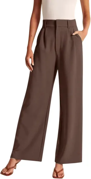 Mmoneyake Women's Formal Pants High Waist Casual Wide Leg Pants Work Office Palazzo Pants Straight Long Trousers with Pockets