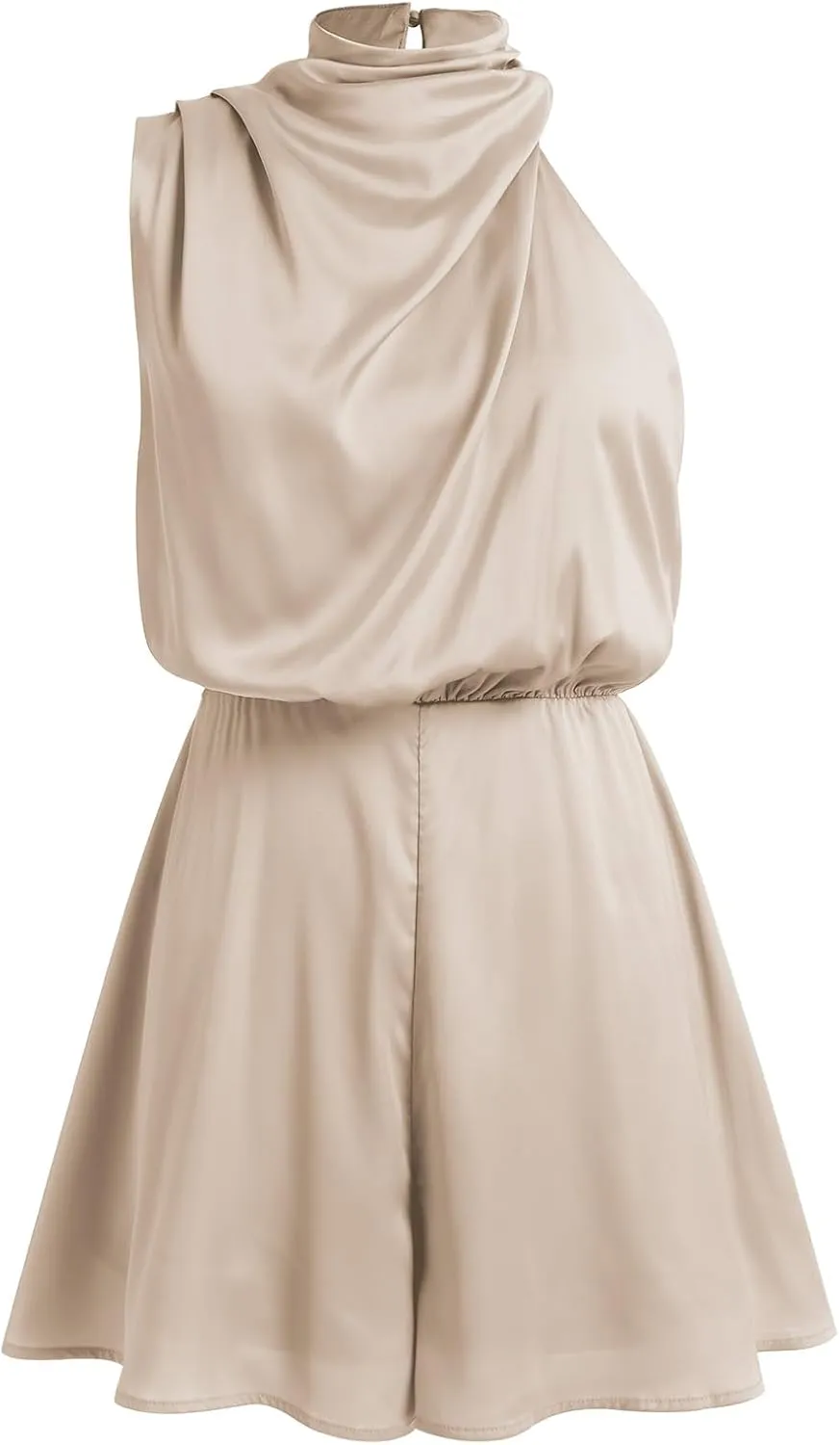 ODIZLI Women Mock Neck Satin Dresses Tie Waist Cocktail Dress Elegant Sleeveless Summer Dresses Above Knee Length