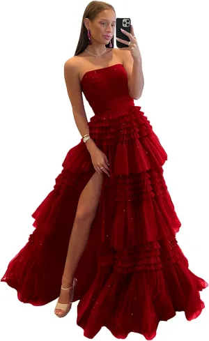 Off Shoulder Tulle A-Line Long Prom Dresses Strapless Open Back Cocktail Black Evening Gown