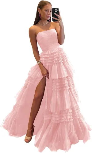 Off Shoulder Tulle A-Line Long Prom Dresses Strapless Open Back Cocktail Black Evening Gown
