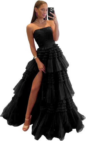 Off Shoulder Tulle A-Line Long Prom Dresses Strapless Open Back Cocktail Black Evening Gown
