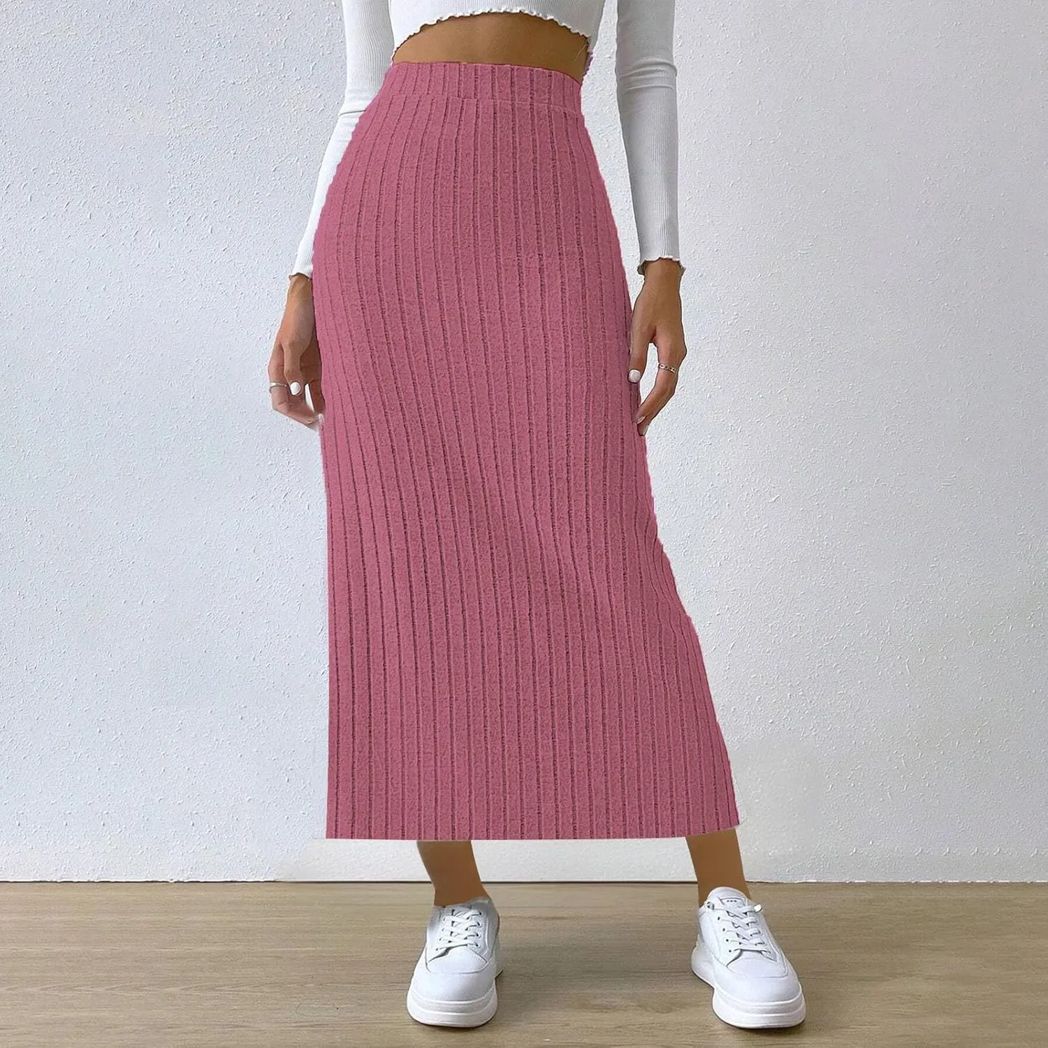 Oplxuo Women's Ribbed Knit Maxi Skirt with Side Slit - Stretchy Work Business Casual Pull-On High Waisted Pencil Skirts