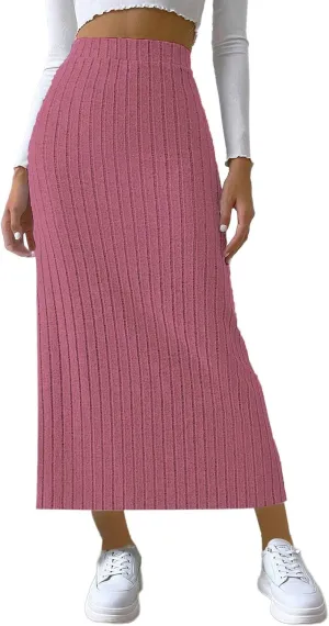 Oplxuo Women's Ribbed Knit Maxi Skirt with Side Slit - Stretchy Work Business Casual Pull-On High Waisted Pencil Skirts
