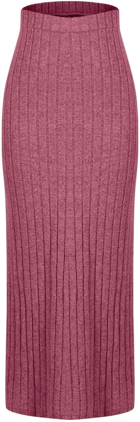 Oplxuo Women's Ribbed Knit Maxi Skirt with Side Slit - Stretchy Work Business Casual Pull-On High Waisted Pencil Skirts