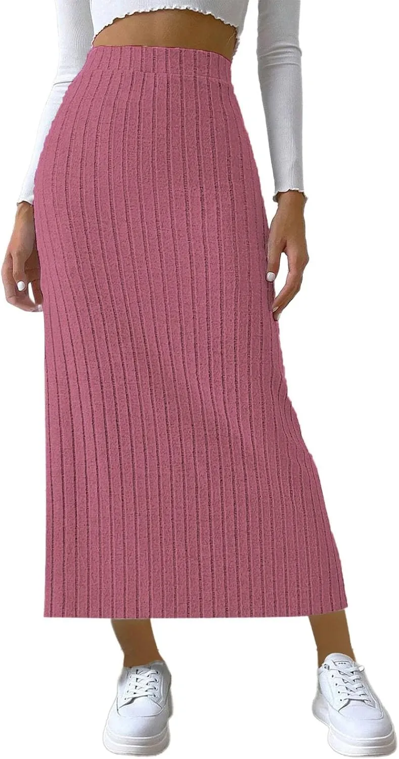 Oplxuo Women's Ribbed Knit Maxi Skirt with Side Slit - Stretchy Work Business Casual Pull-On High Waisted Pencil Skirts