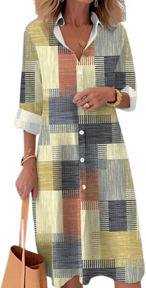 Oversized Button Down Shirt Dress for Women Fashion Boho Color Block Long Sleeve Shift Shirt Dresses 2025