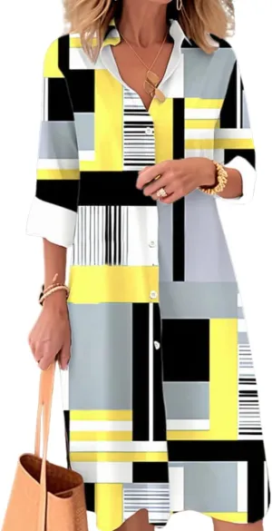Oversized Button Down Shirt Dress for Women Fashion Boho Color Block Long Sleeve Shift Shirt Dresses 2025