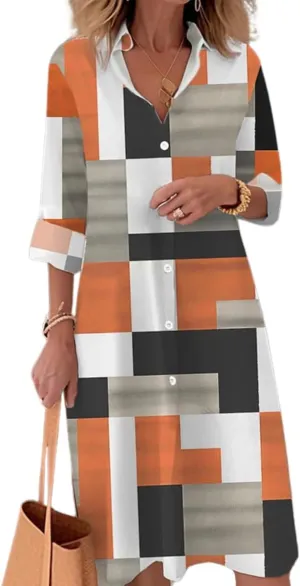 Oversized Button Down Shirt Dress for Women Fashion Boho Color Block Long Sleeve Shift Shirt Dresses 2025