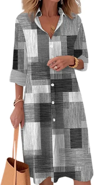 Oversized Button Down Shirt Dress for Women Fashion Boho Color Block Long Sleeve Shift Shirt Dresses 2025