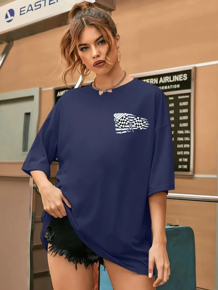 Oversized Racing Shirt Women Start Your Engines Shirts Race Day Checkered Flag Tee Casual Unisex Short Sleeve Tops