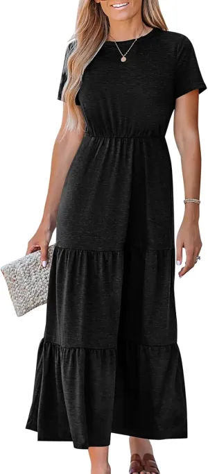 Paintcolors Women's Casual Summer Short Sleeve Maxi Dress Crew Neck Tiered Dresses Flowy Swing Loose Smocked Dress