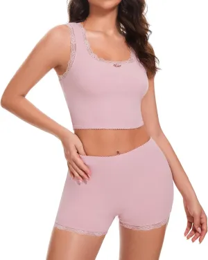 Pajama Sets for Women 2 piece,Ribbed Knit Crop Top and Shorts Pj Set Lace Trim Lounge Set