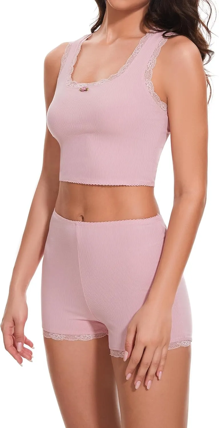 Pajama Sets for Women 2 piece,Ribbed Knit Crop Top and Shorts Pj Set Lace Trim Lounge Set