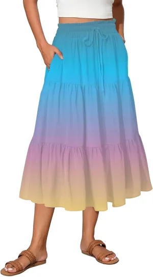 Palaver Boho Midi Skirts for Women Summer Boho Smocked High Waisted Skirt Vacation A-Line Long Flowy Skirts with Pockets
