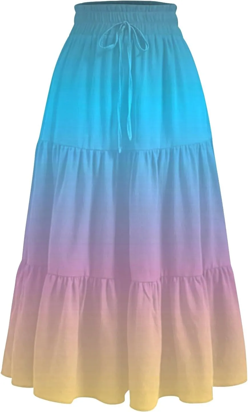 Palaver Boho Midi Skirts for Women Summer Boho Smocked High Waisted Skirt Vacation A-Line Long Flowy Skirts with Pockets