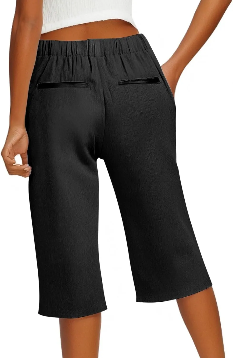 Pedal Pushers for Women Elastic High Waisted Linen Bermuda Shorts Lightweight Summer Cotton Shorts with Pockets