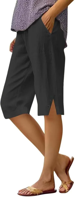 Pedal Pushers for Women Elastic High Waisted Linen Bermuda Shorts Lightweight Summer Cotton Shorts with Pockets