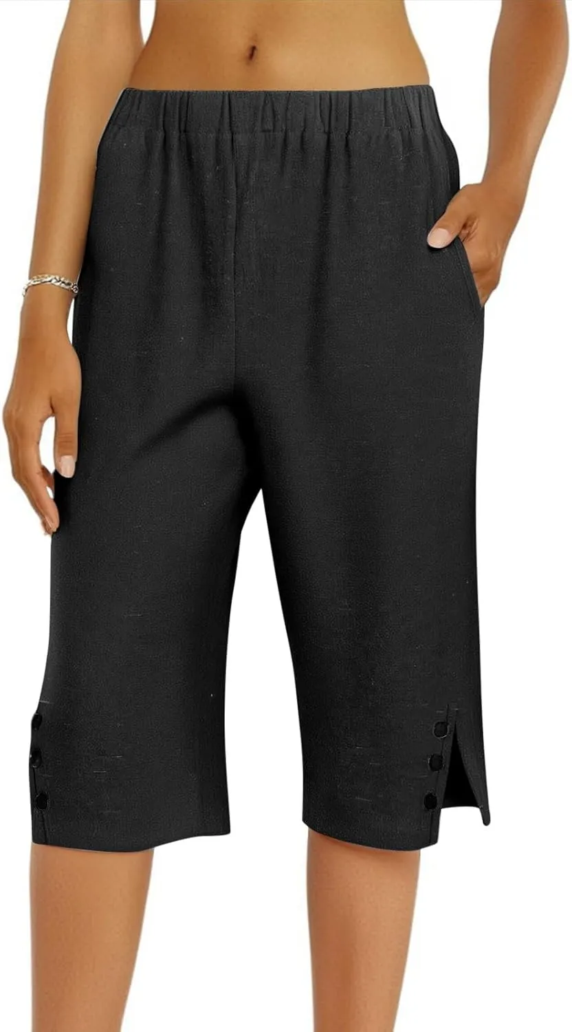 Pedal Pushers for Women Elastic High Waisted Linen Bermuda Shorts Lightweight Summer Cotton Shorts with Pockets