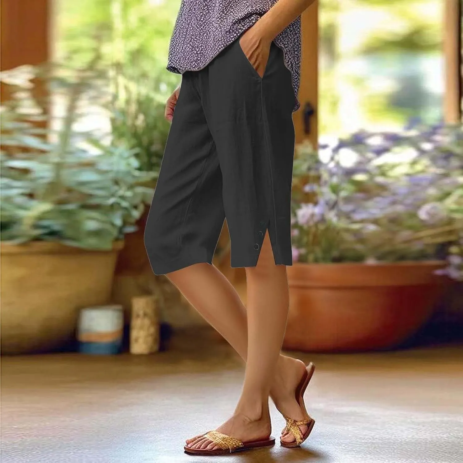 Pedal Pushers for Women Elastic High Waisted Linen Bermuda Shorts Lightweight Summer Cotton Shorts with Pockets