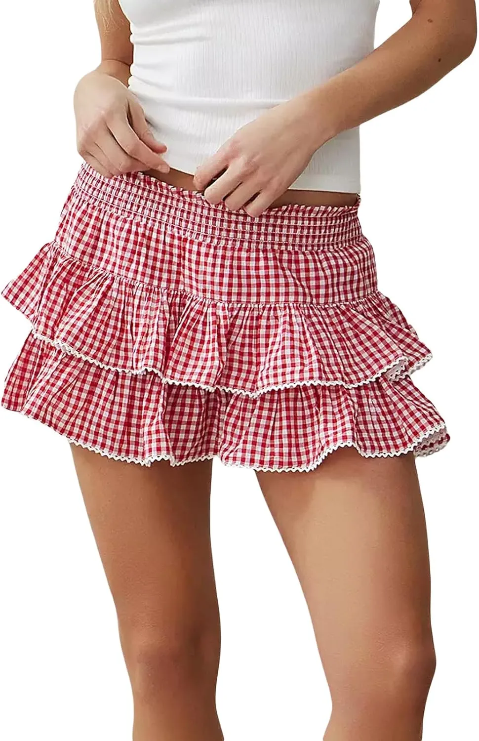 Plaid Ruffle Mini Skirt Y2k Women Gingham Lace Trim Low Rise Layered Checkered Pleated Short Pleated Costume Dress
