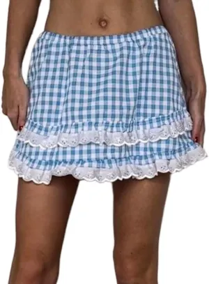 Plaid Ruffle Mini Skirt Y2k Women Gingham Lace Trim Low Rise Layered Checkered Pleated Short Pleated Costume Dress