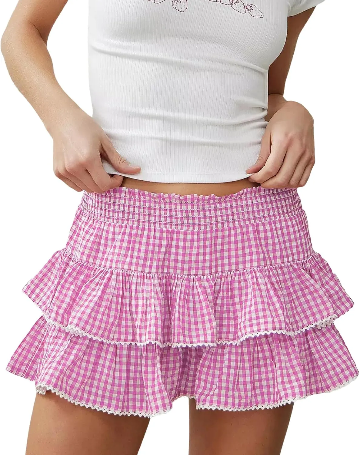 Plaid Ruffle Mini Skirt Y2k Women Gingham Lace Trim Low Rise Layered Checkered Pleated Short Pleated Costume Dress