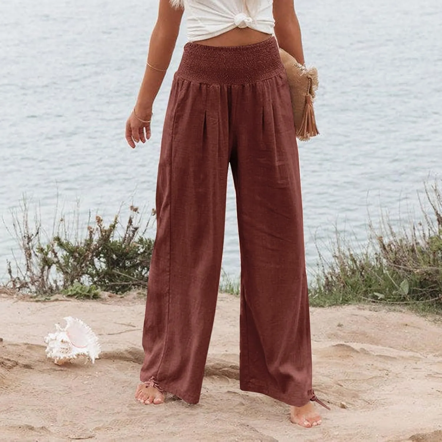 Plus Size Cotton Linen Pants for Women Casual Elastic High Waist Wide Leg Pants 2025 Summer Fashion Trousers with Pockets