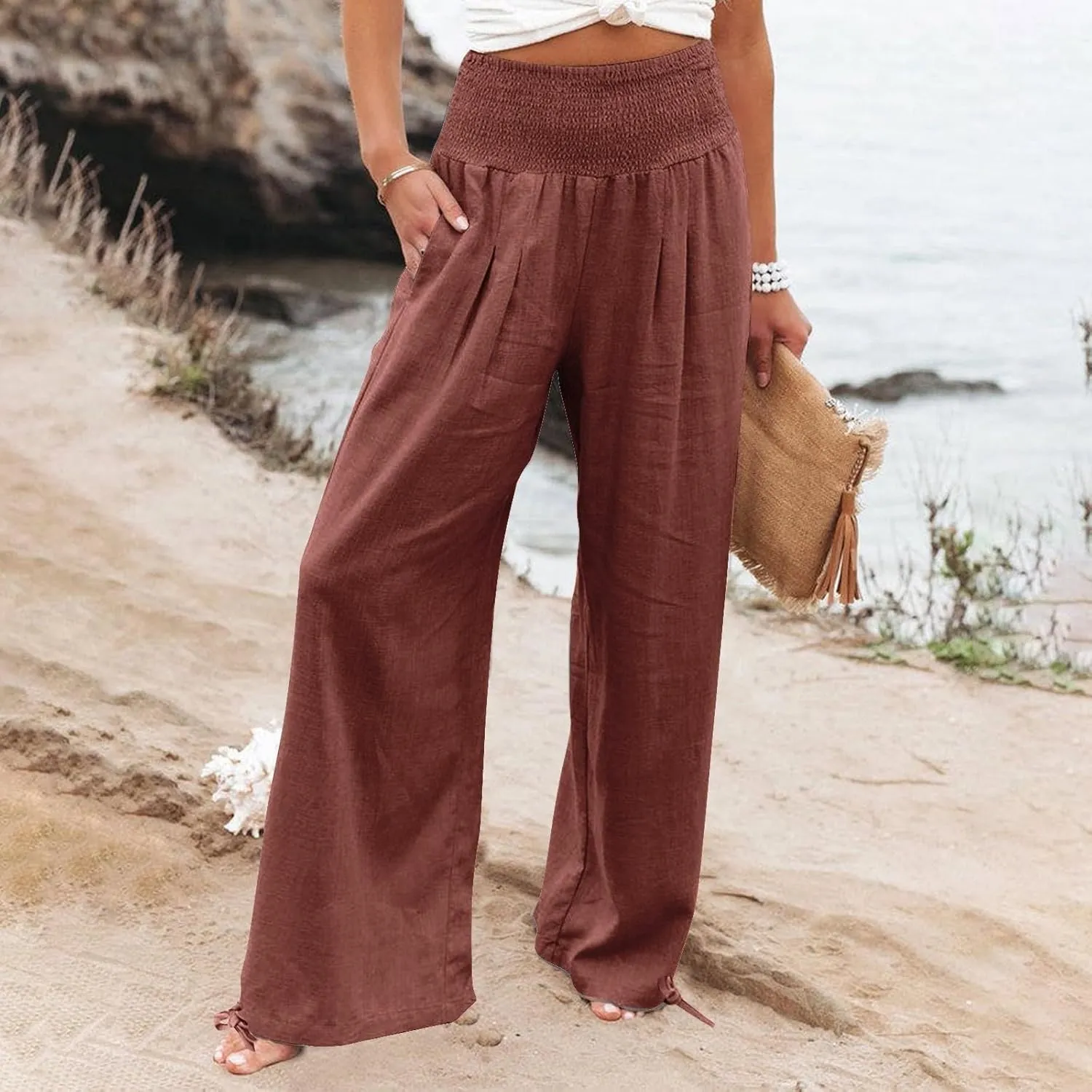 Plus Size Cotton Linen Pants for Women Casual Elastic High Waist Wide Leg Pants 2025 Summer Fashion Trousers with Pockets