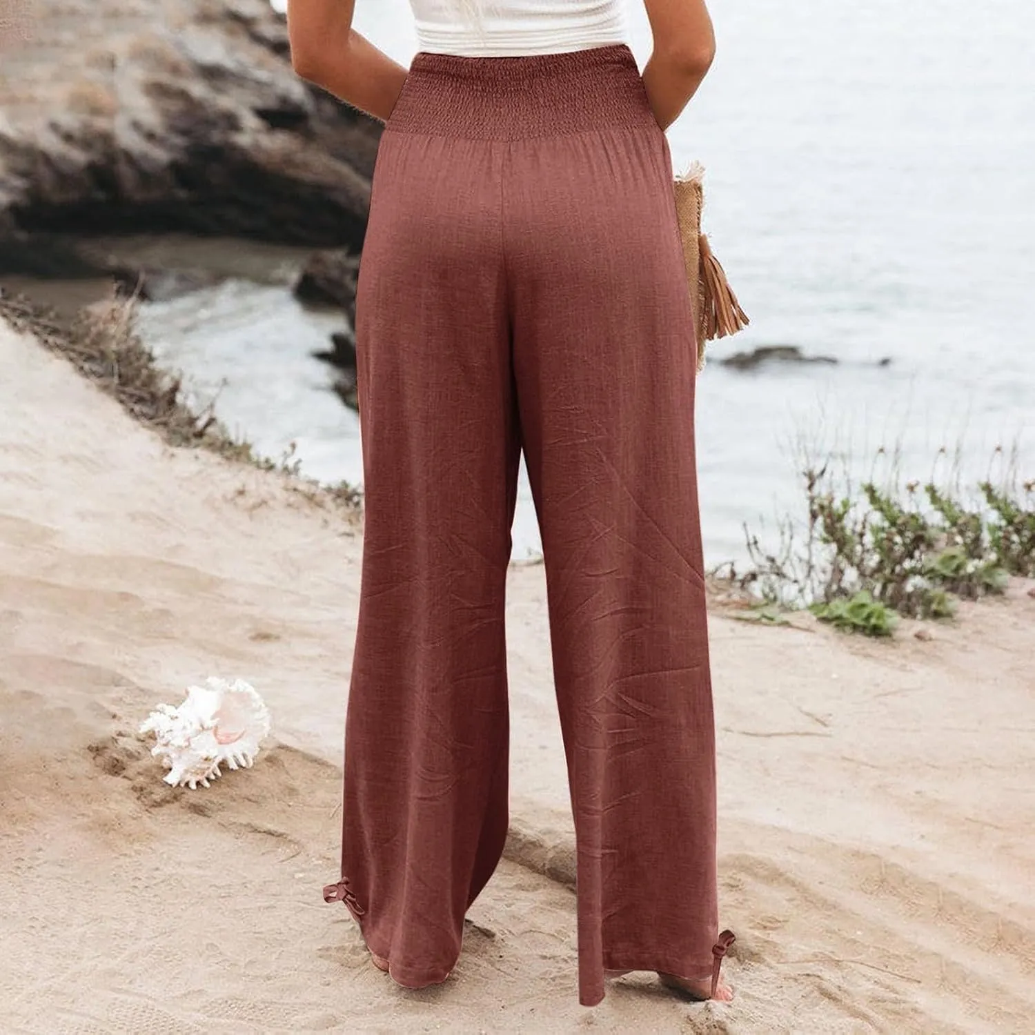 Plus Size Cotton Linen Pants for Women Casual Elastic High Waist Wide Leg Pants 2025 Summer Fashion Trousers with Pockets