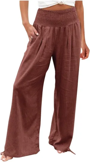 Plus Size Cotton Linen Pants for Women Casual Elastic High Waist Wide Leg Pants 2025 Summer Fashion Trousers with Pockets