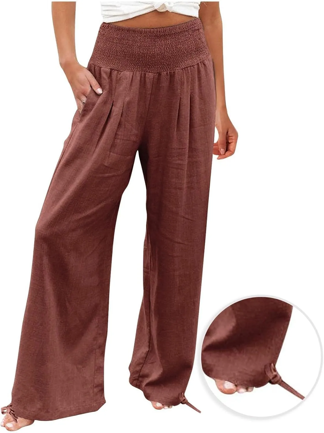 Plus Size Cotton Linen Pants for Women Casual Elastic High Waist Wide Leg Pants 2025 Summer Fashion Trousers with Pockets