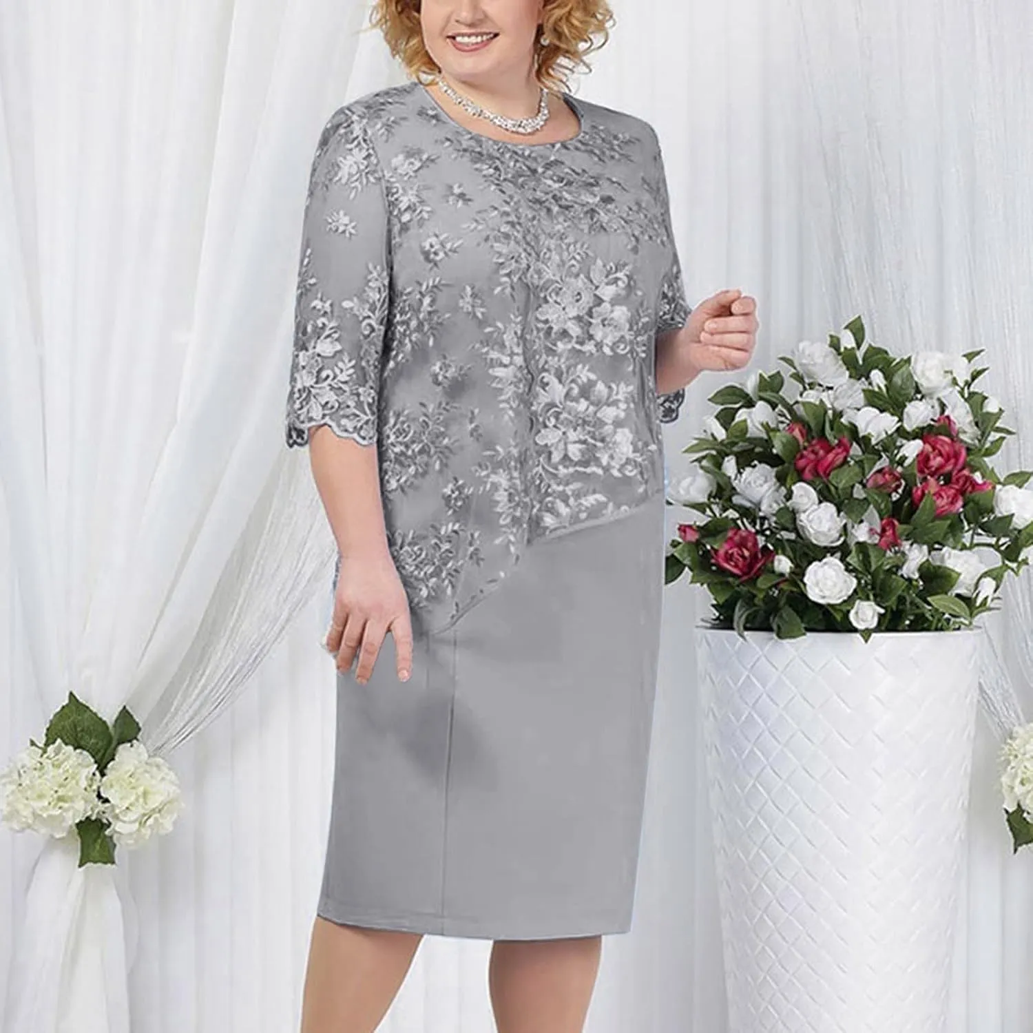 Plus Size Dresses for Curvy Women Embroidered Floral Boho Half Sleeve Midi Dress Work Fashion Bump Friendly Clothes