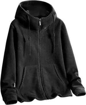 Plus Size Fleece Jackets for Women Fleece Lined Zip Up Hoodies Winter Fashion Sweatshirt Solid Color Outwear Jackets