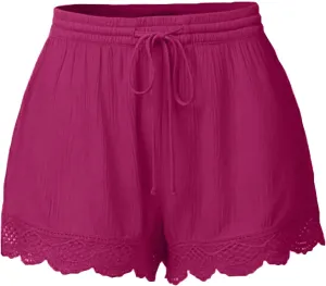 Plus Size Womens Shorts Casual Trendy Flowy Summer Elastic Waist Lace Trim Comfy Beach Vacation Shorts