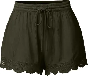Plus Size Womens Shorts Casual Trendy Flowy Summer Elastic Waist Lace Trim Comfy Beach Vacation Shorts