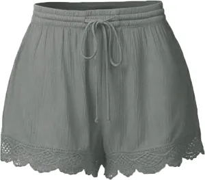 Plus Size Womens Shorts Casual Trendy Flowy Summer Elastic Waist Lace Trim Comfy Beach Vacation Shorts
