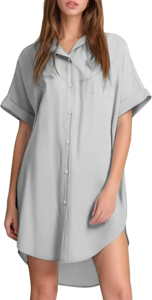 Preppy Tshirt Dress Women Travel Spring Button Down Short Sleeve Knee Length Resort Dresses Casual Beach Vacation Clothes