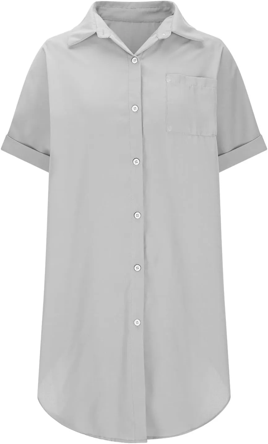 Preppy Tshirt Dress Women Travel Spring Button Down Short Sleeve Knee Length Resort Dresses Casual Beach Vacation Clothes
