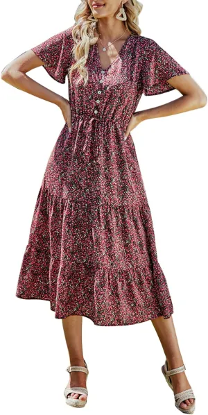 PRETTYGARDEN Summer Floral Dress for Women 2025 Casual Boho Short Sleeve Maxi Dresses V Neck Tiered Flowy Beach Sundress