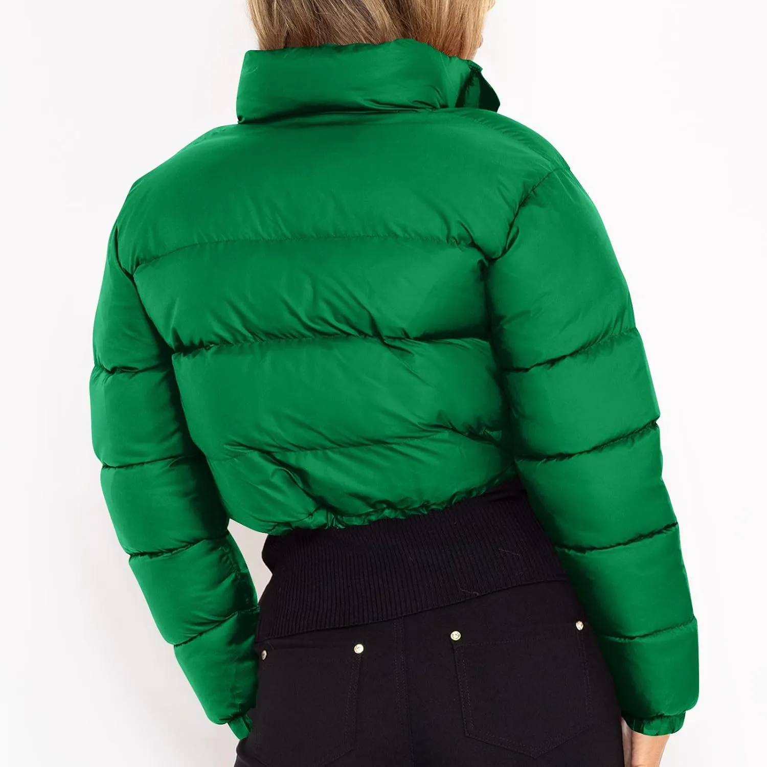 Puffer Coat Women Cropped Puffer Jacket Casual Quilted Baggy Long Sleeve Zip Down Jackets Stand Collar Outerwear