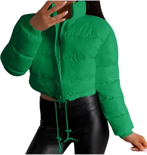 Puffer Coat Women Cropped Puffer Jacket Casual Quilted Baggy Long Sleeve Zip Down Jackets Stand Collar Outerwear