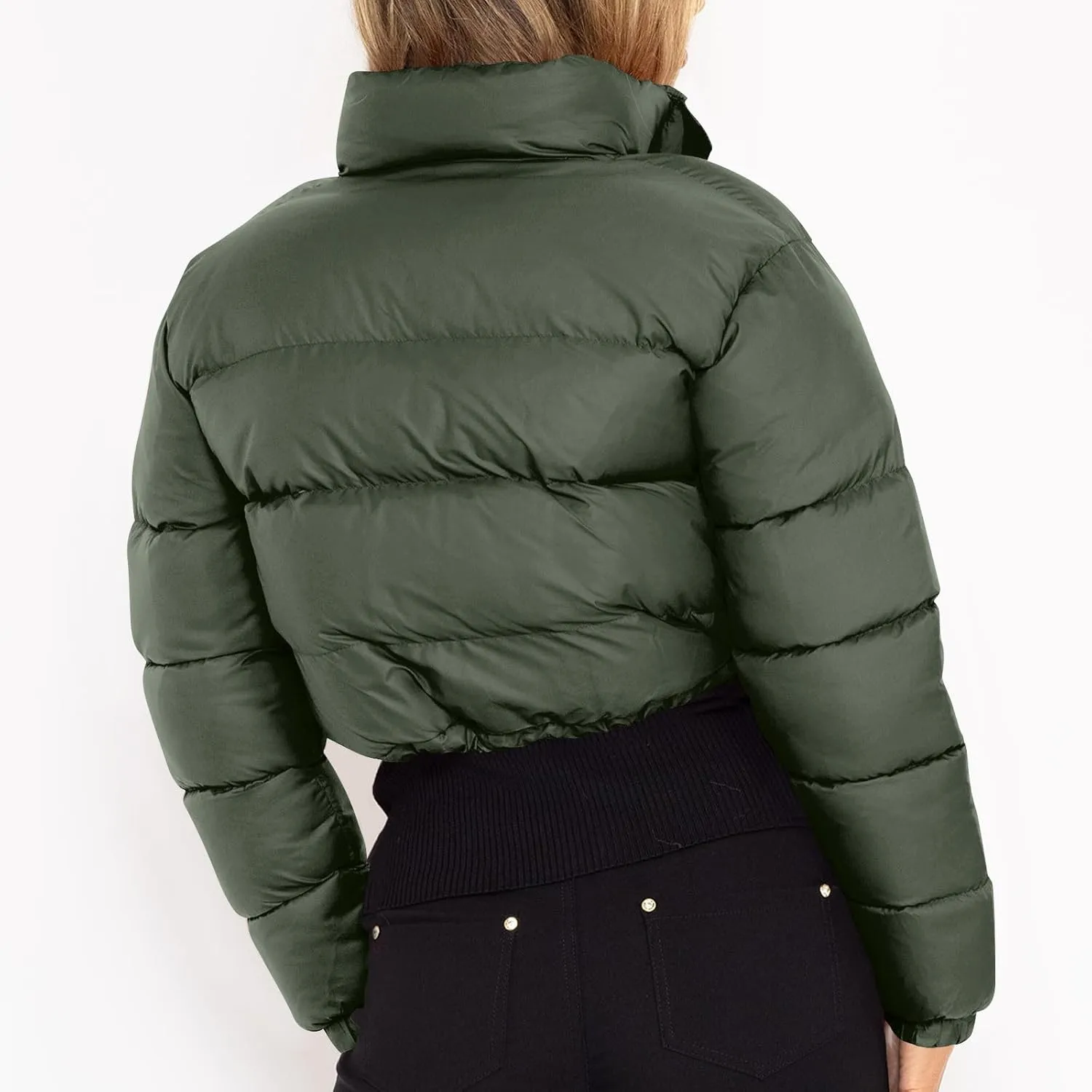 Puffer Coat Women Cropped Puffer Jacket Casual Quilted Baggy Long Sleeve Zip Down Jackets Stand Collar Outerwear
