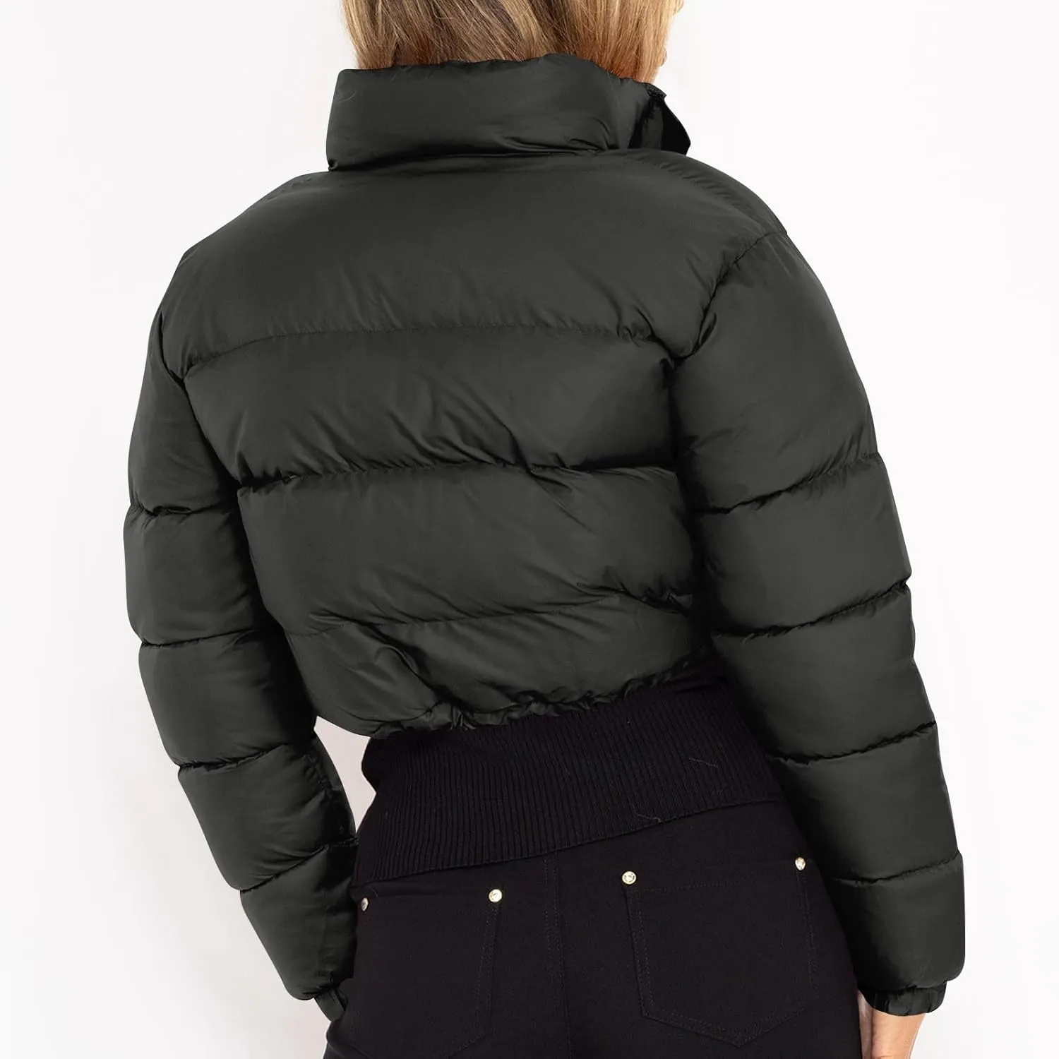 Puffer Coat Women Cropped Puffer Jacket Casual Quilted Baggy Long Sleeve Zip Down Jackets Stand Collar Outerwear
