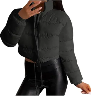 Puffer Coat Women Cropped Puffer Jacket Casual Quilted Baggy Long Sleeve Zip Down Jackets Stand Collar Outerwear