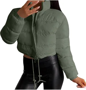 Puffer Coat Women Cropped Puffer Jacket Casual Quilted Baggy Long Sleeve Zip Down Jackets Stand Collar Outerwear
